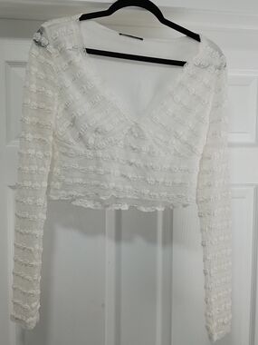 SHEIN White Floral Lace Mesh Crop Top Long Sleeve Festival Y2K Wrap Front Sz L